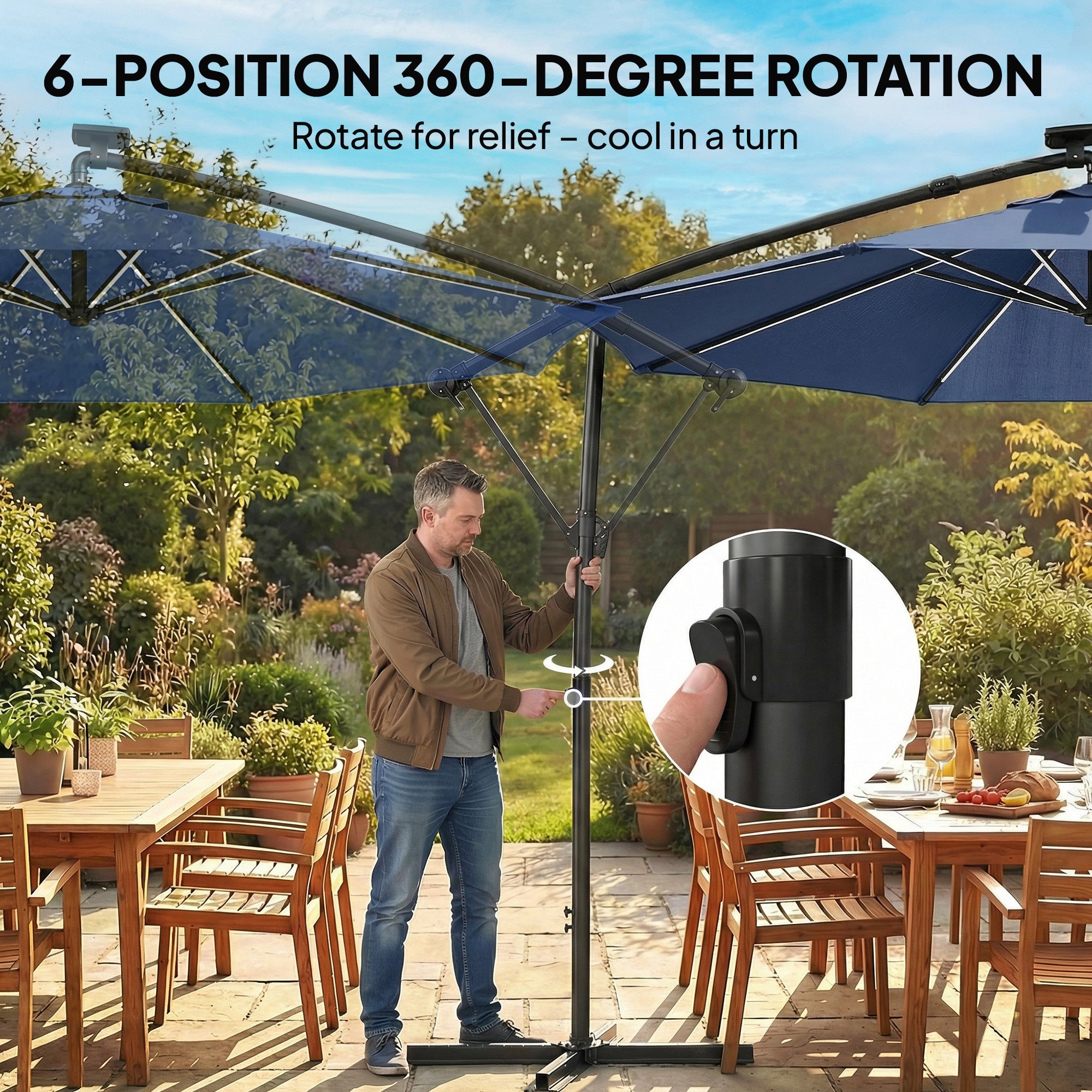 Outsunny 3 m Garden Cantilever Parasol with LED Solar Light, Round Overhanging Umbrella with 360° Rotation, Cover, Navy Blue 