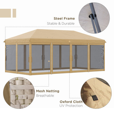 Outsunny 3 x 6m Pop Up Gazebo, Outdoor Canopy Shelter, Marquee Party Wedding Tent with 6 Mesh Walls and Carry Bag, Beige 