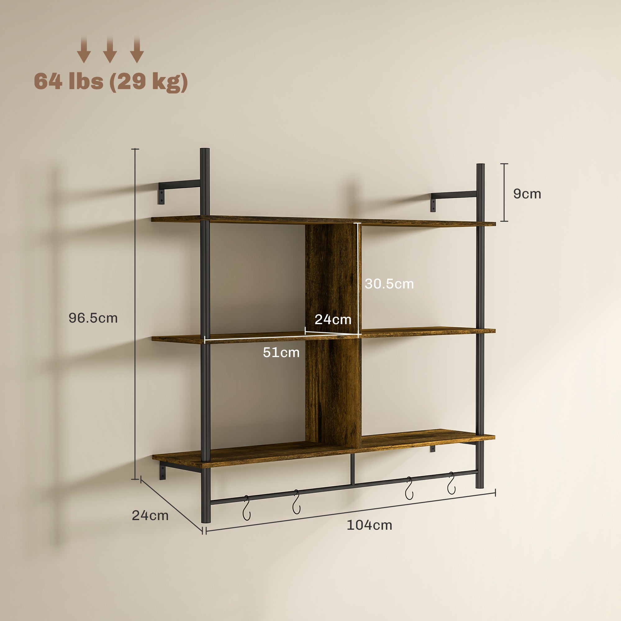 HOMCOM Three-Tier Floating Shelf - Brown/Black