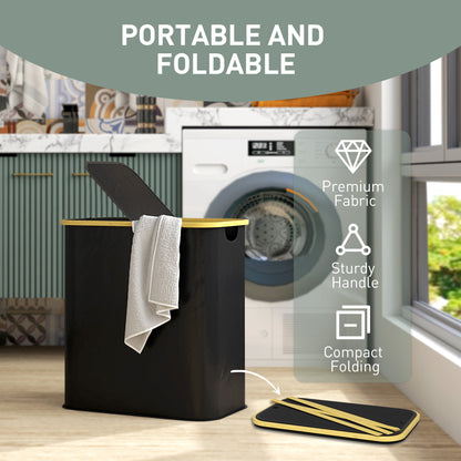 HOMCOM Double Laundry Basket With Lid, 80L Collapsible Laundry Hamper with Groove Handles, Washing Basket for Bathroom, Bedroom, Laundry Room, Black 