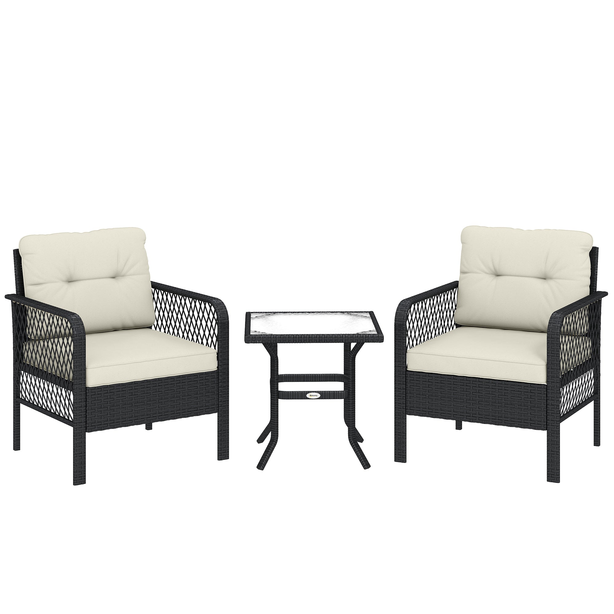 Outsunny 3 Pieces Rattan Bistro Set with Glass Top Coffee Table, Chairs and Cushions for Outdoor, Patio, Balcony, Cream 