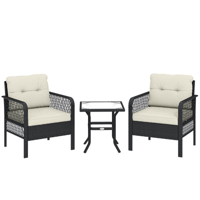 Outsunny 3 Pieces Rattan Bistro Set with Glass Top Coffee Table, Chairs and Cushions for Outdoor, Patio, Balcony, Cream 
