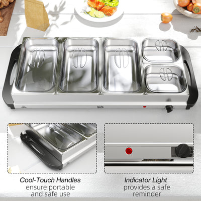 HOMCOM Electric Food Warmer 5 Tray, 9.2L Portable Buffet Server and Warming Tray with Lids, Adjustable Temperature Control and Cool Touch Handles, 450W, 3 x 2.4L and 2 x 1L, Silver Tone 