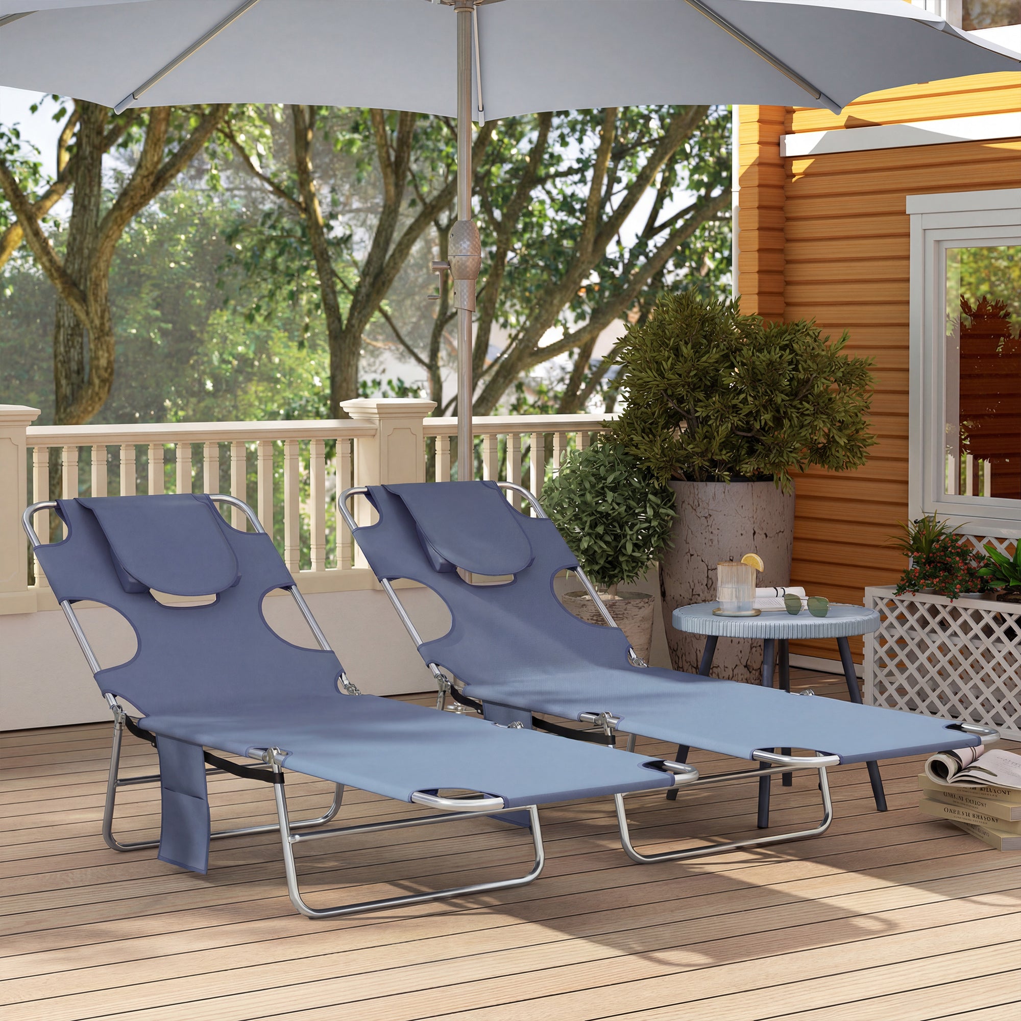 Outsunny 5-Position Adjustable Sun Loungers Set of 2 with Reading Hole and Side Pocket, Grey 