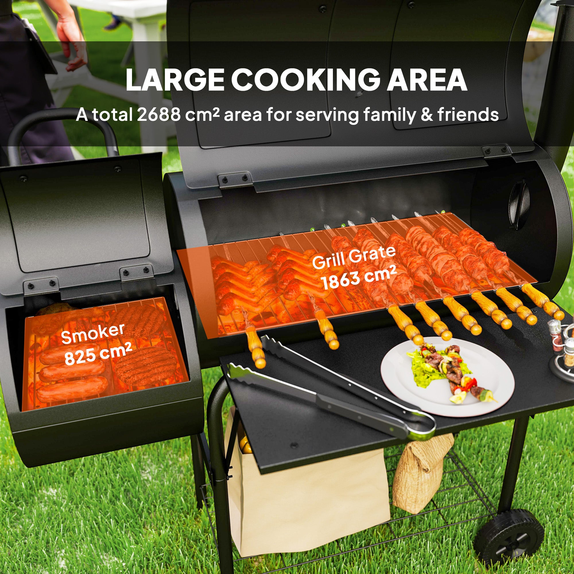 Outsunny Barbecue Grill Portable Outdoor Charcoal BBQ Grill with Offset Smoker 109 x 60 x 120 cm Black 