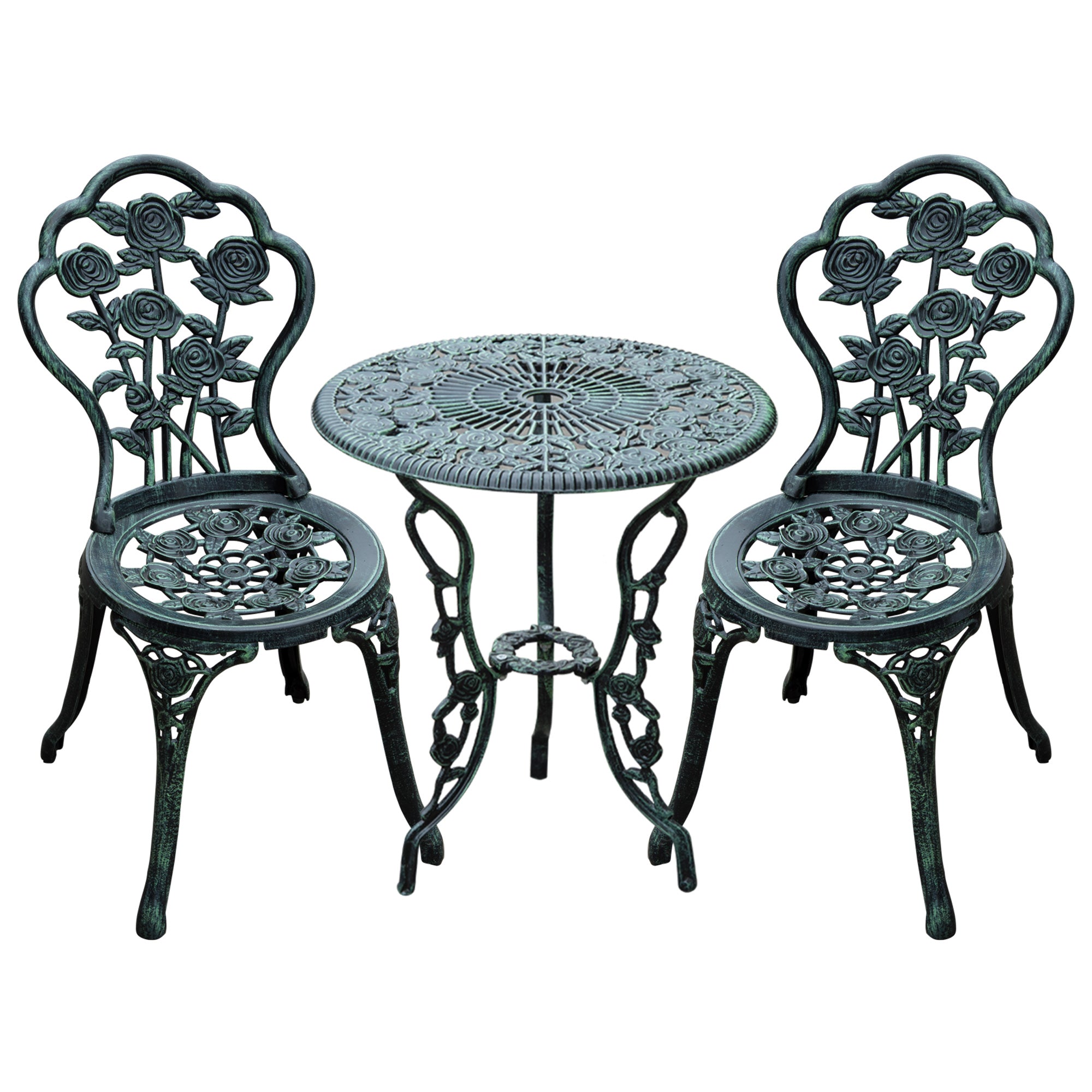 Outsunny Cast Aluminium Outdoor Patio Garden Bistro Elegant Design Table Chair Set - Green (3-Piece) 