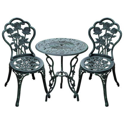 Outsunny Cast Aluminium Outdoor Patio Garden Bistro Elegant Design Table Chair Set - Green (3-Piece) 