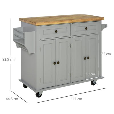 HOMCOM Rolling Kitchen Island Storage Trolley with Rubber Wood Top & Drawers for Dining Room, Grey 