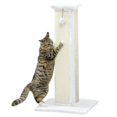 PawHut 81cm Cat Scratcher, Vertical Full Scratcher w/ Natural Sisal Rope, Hanging Ball, Soft Plush - White 