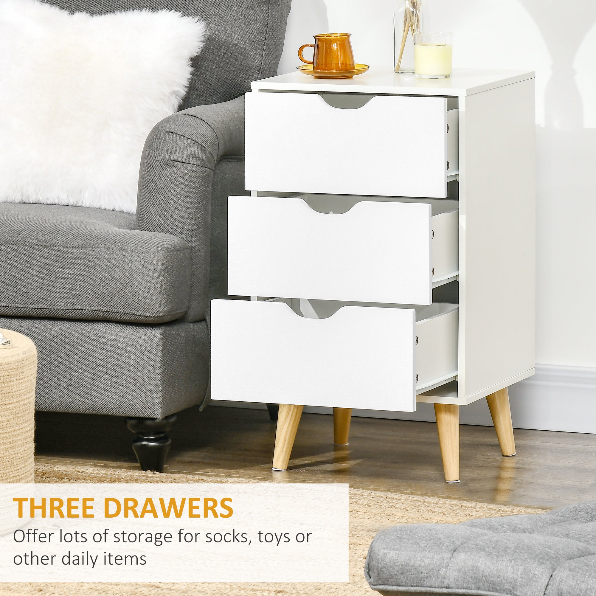 HOMCOM Set of 2 Bedside Tables, Modern Nightstand Side End Table with 3 Storage Drawers and Solid Pine Wood Legs for Bedroom Living Room Entryway, White 