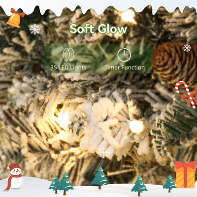 HOMCOM 60cm/ 24inch Flocked Prelit Christmas Wreath 