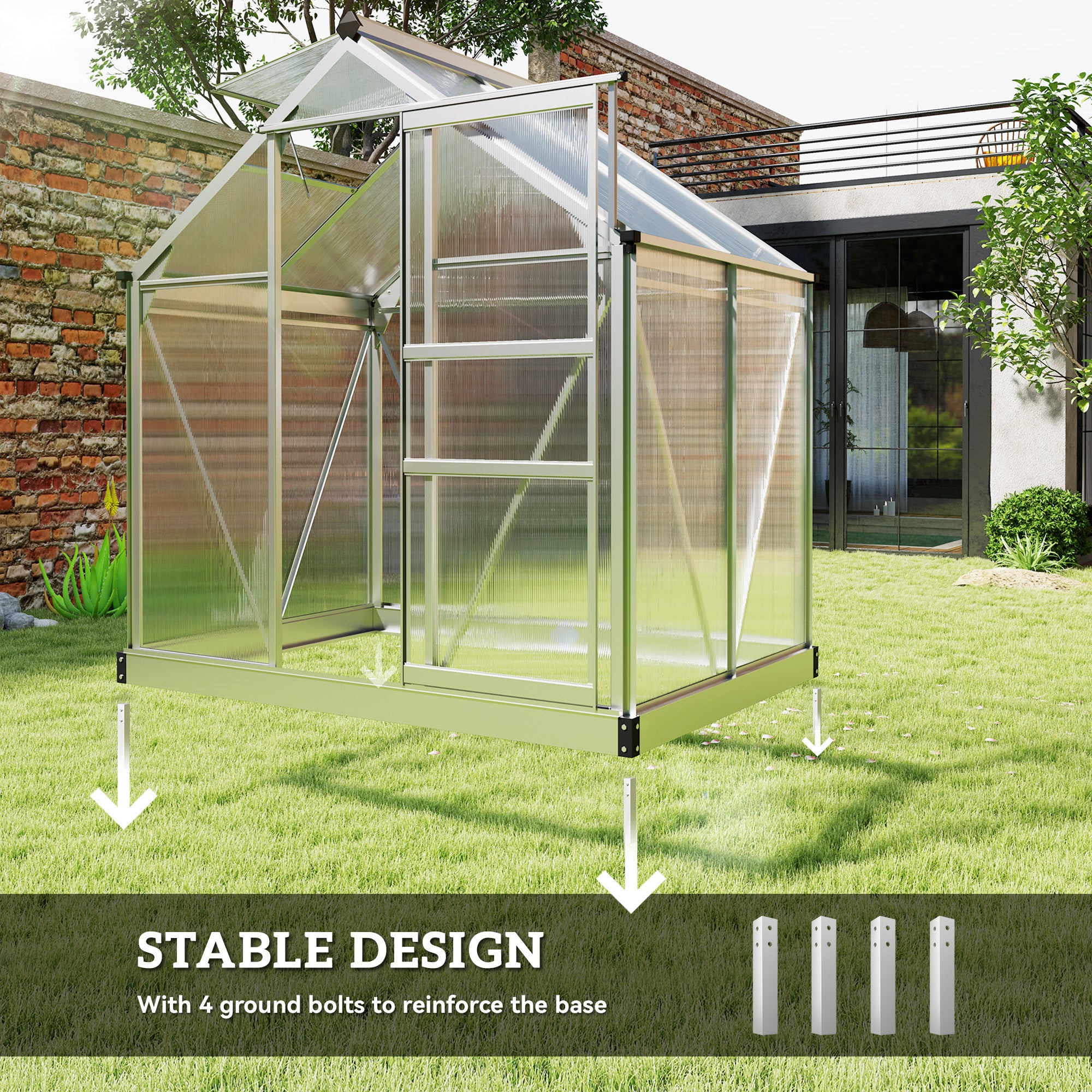 Outsunny Polycarbonate Greenhouse, Large Walk-In Green House with Slide Door and Window, Aluminium Frame, 6x4ft, Silver Tone 