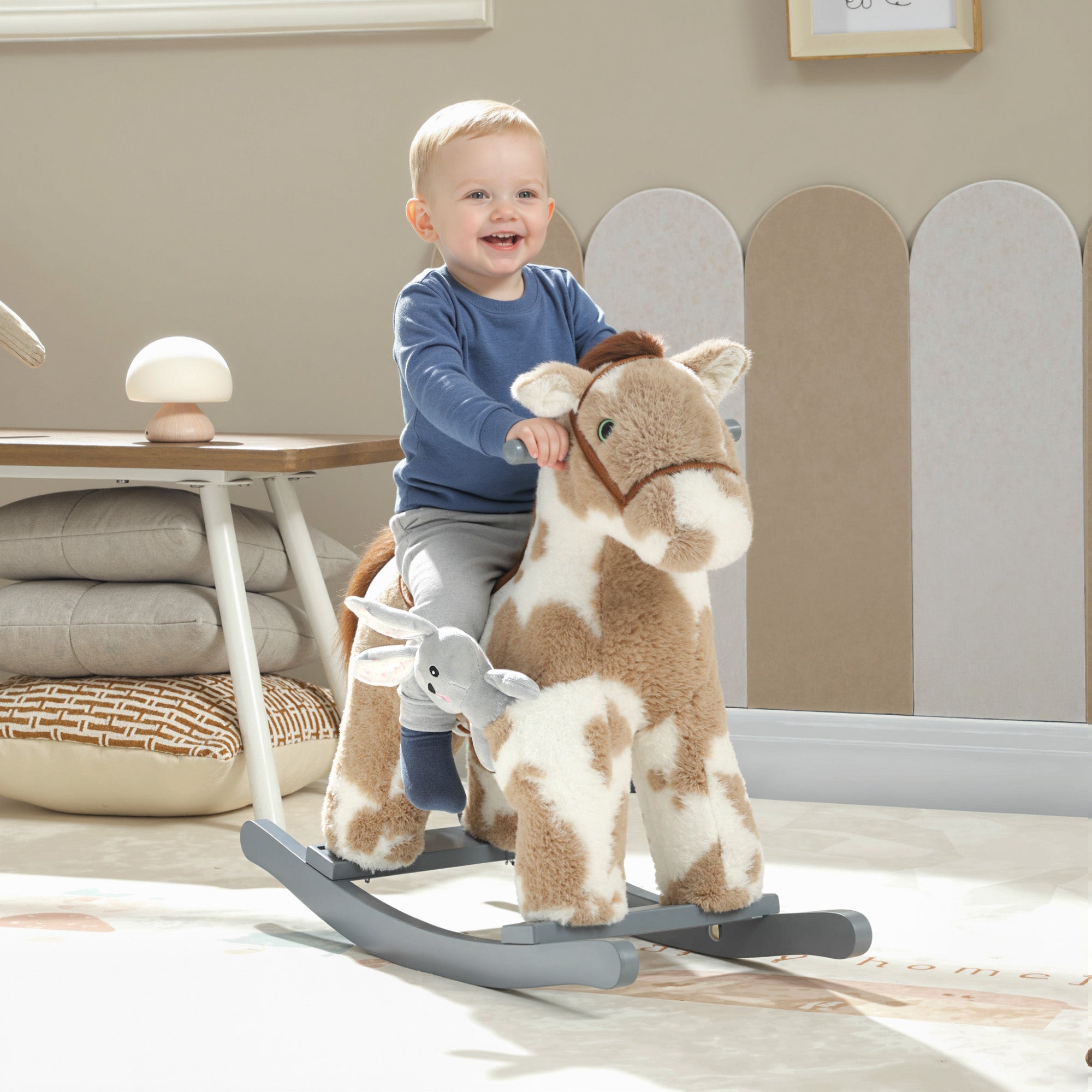 AIYAPLAY Baby Rocking Horse, Plush Animal Rocker with Realistic Sound and Toy, Rocking Toy Chair for Kids Aged 2-5, Brown 