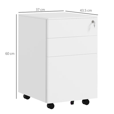 Vinsetto 3-Drawer Vertical Filing Cabinet with Pencil Tray, Lock and 5 Wheels, Steel Mobile File Cabinet, for A4, Legal and Letter Size, Pre-Assembled Body, White 