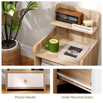 HOMCOM Multi-Storage Bedside Table - White/Wood-Effect 