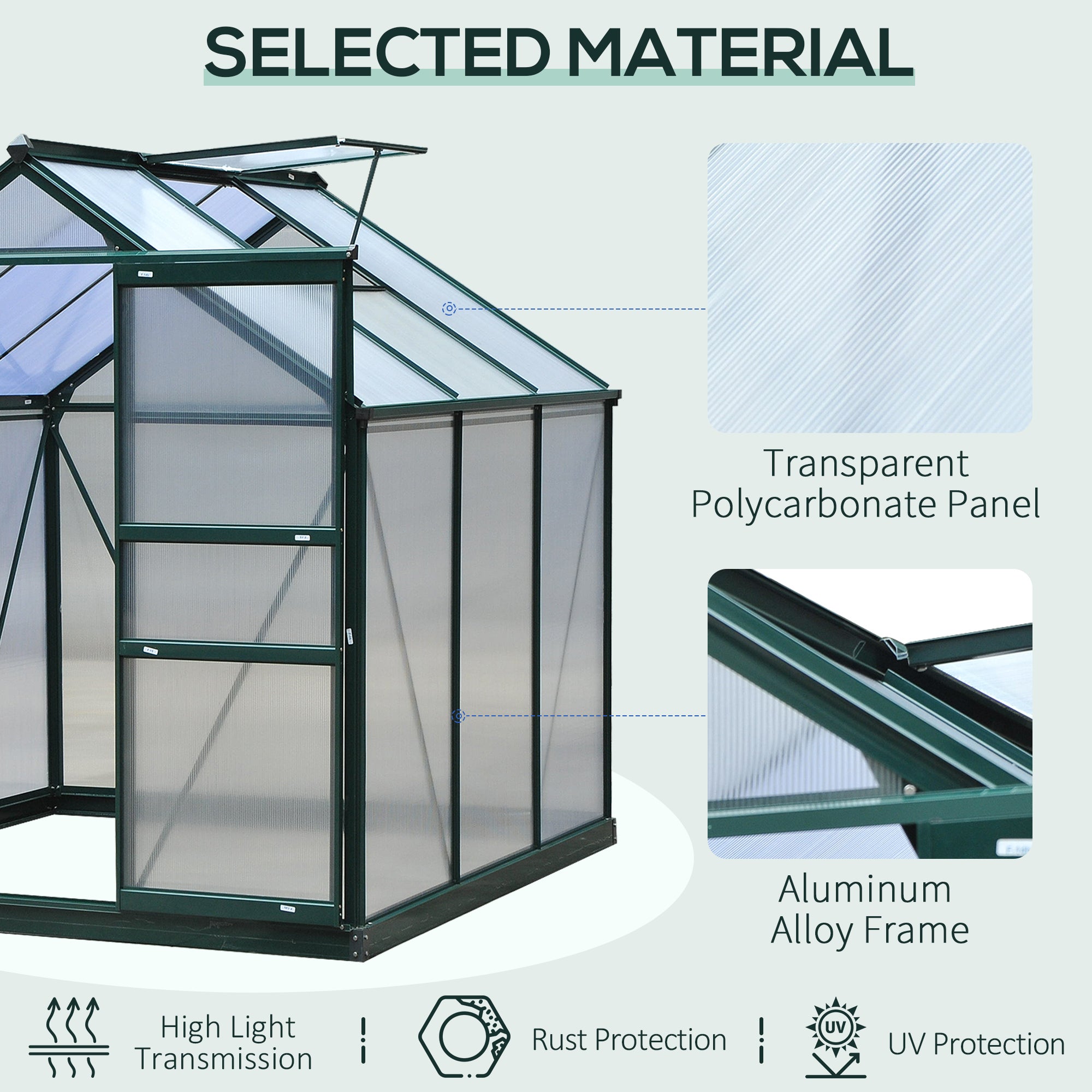 Outsunny 6 x 6ft Polycarbonate Greenhouse, Large Walk-In Green House with Slide Door and Window, Garden Plants Grow House with Aluminium Frame and Foundation, Dark Green 
