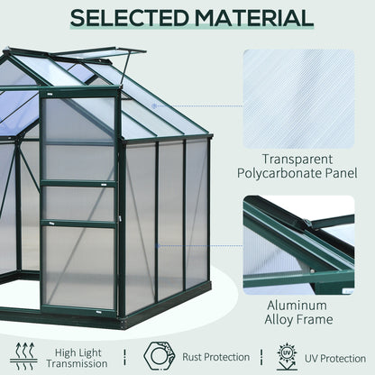 Outsunny 6 x 6ft Polycarbonate Greenhouse, Large Walk-In Green House with Slide Door and Window, Garden Plants Grow House with Aluminium Frame and Foundation, Dark Green 