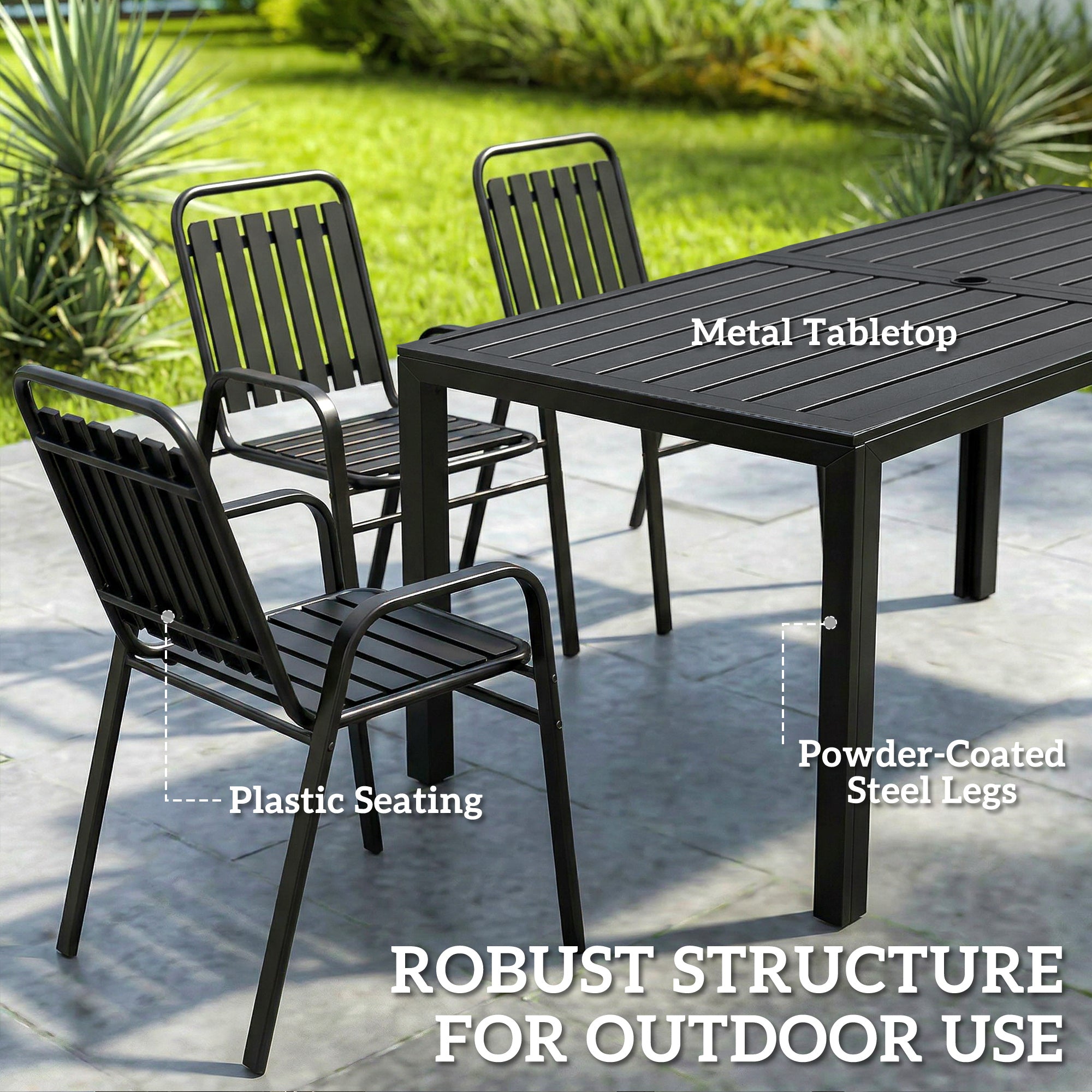 Outsunny 7 Pieces Outdoor Dining Set with Umbrella Hole, Garden Table and Chairs Set for 6 with Metal Table and Stackable Chairs 