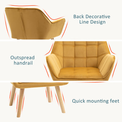 HOMCOM Modern Armchair, Accent Chair with Wide Arms, Slanted Back and Rubber Wood Legs for Living Room, Bedroom, Home Office Yellow 