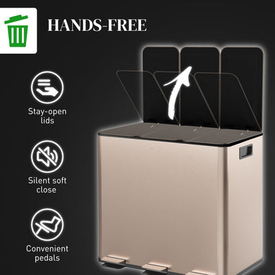 HOMCOM 45L Triple Compartment Stainless Steel Bin, with Deodoriser Holders - Gold Tone 