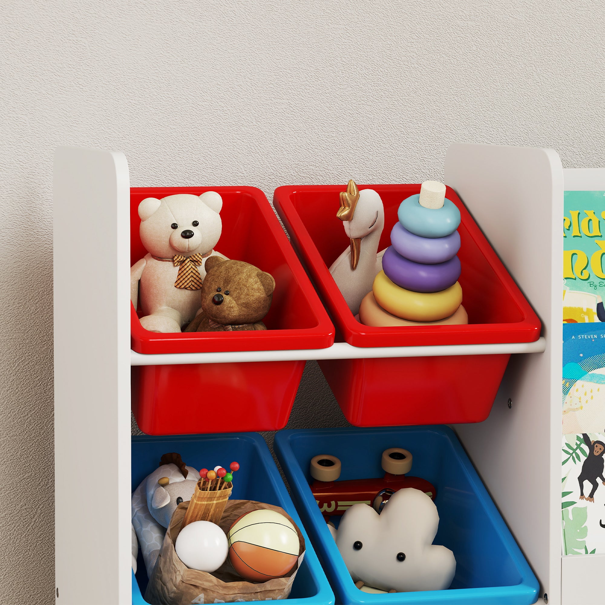 AIYAPLAY Toy Storage Unit, 3-Tier Toy Organiser Shelf with 6 Removable Storage Bins for Bedroom, Nursery, Multicoloured 