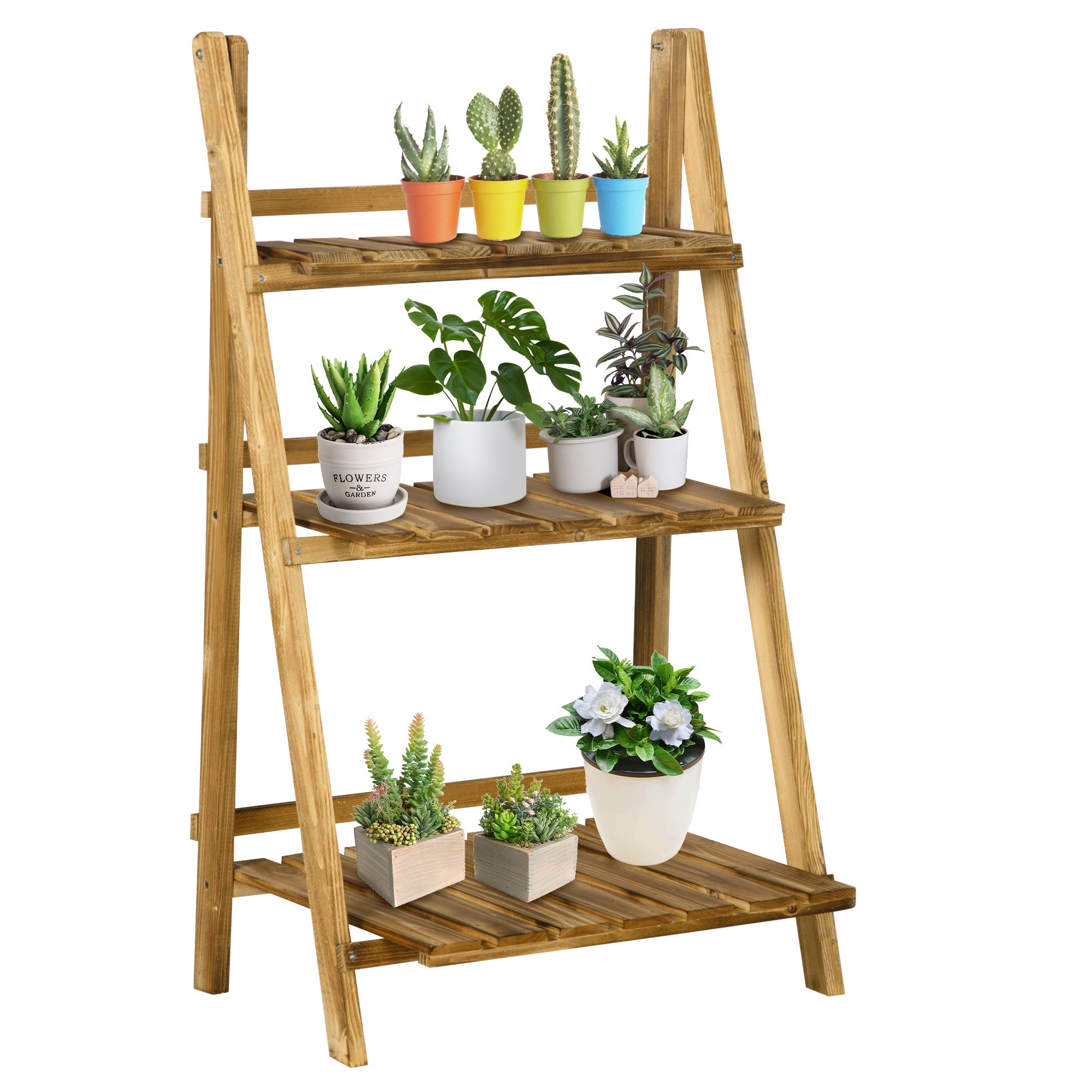 Outsunny Wooden Folding Flower Pot Stand 3 Tier Garden Planter Display Ladder Gardener Storage Shelves Rack Herb Holder (60L x 37W x 93H cm) 