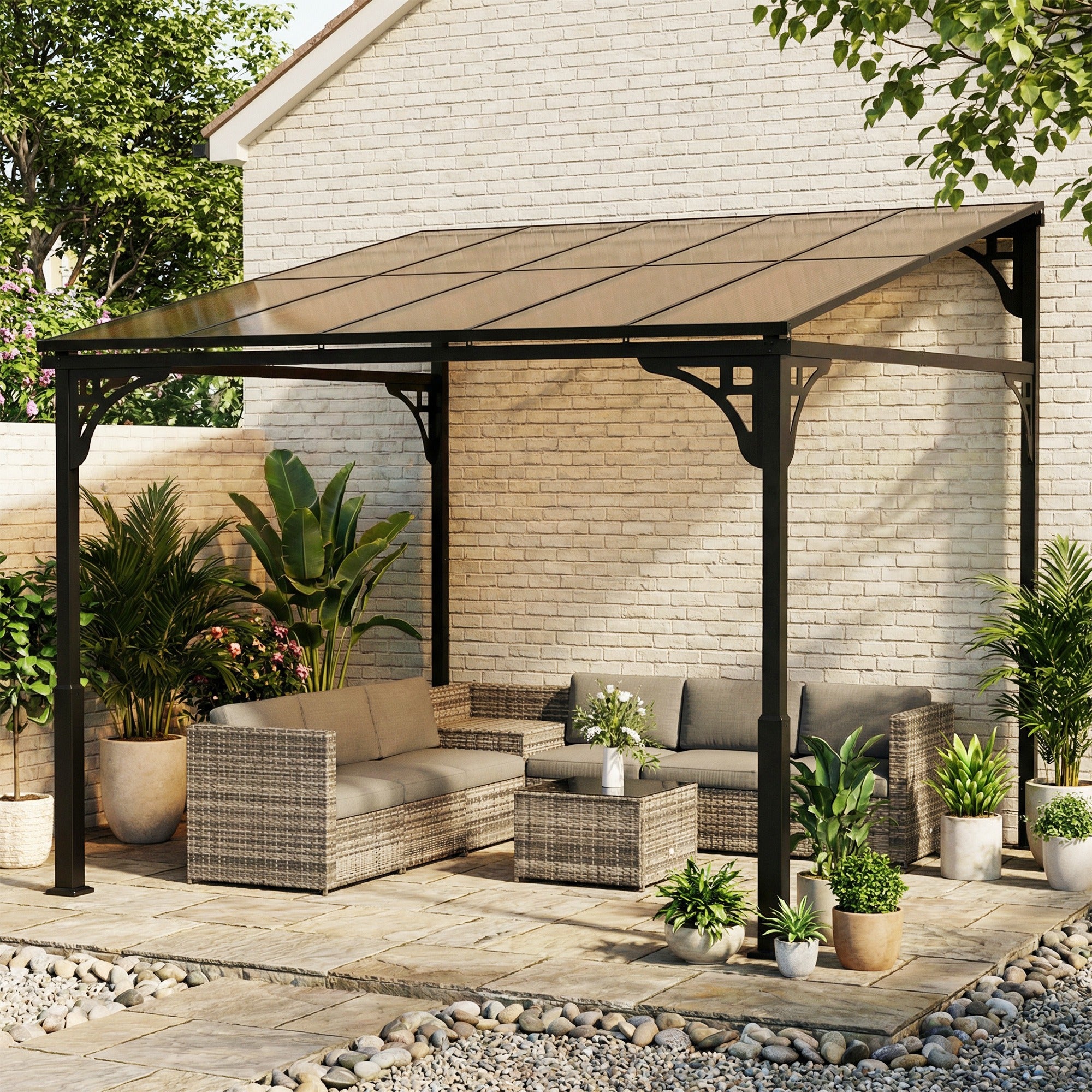 Outsunny 3 x 2.87 m Metal Lean-to Pergola, Wall-Mounted Hardtop Garden Pergola with Polycarbonate Roof and Metal-Aluminium Frame 