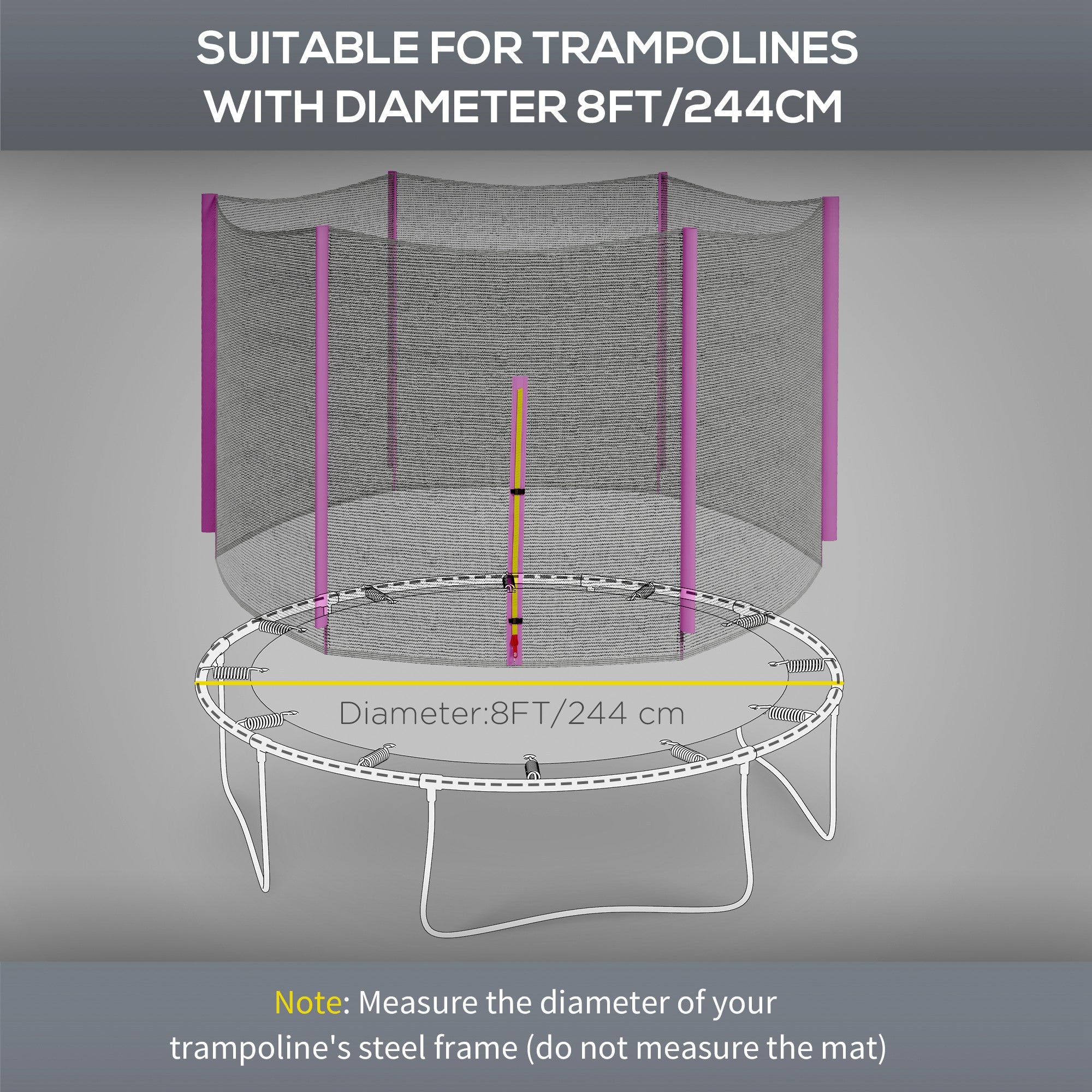 SPORTNOW 8ft Trampoline Net Replacement with 6 Plastic Pole Covers, Weather-Resistant Trampoline Netting Replacement with Zipped Entrance, Poles Not Included, Pink 