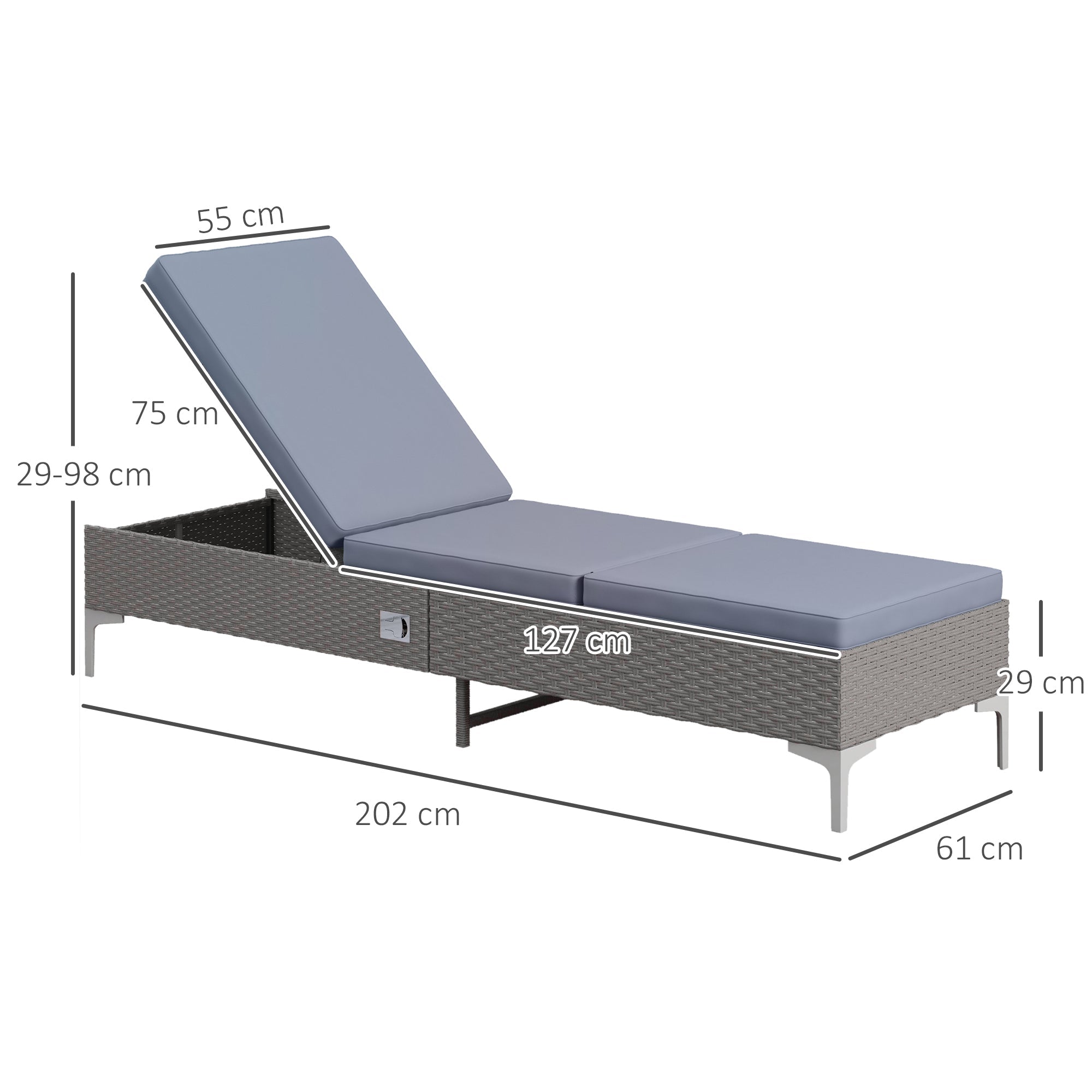 Outsunny Outdoor PE Rattan Sun Lounger Set of 2, Multi-position Backrest Adjustable Single Recliner Sunbed Daybed with Removeable & Washable Cushion, for Patio, Garden, Dark Grey 