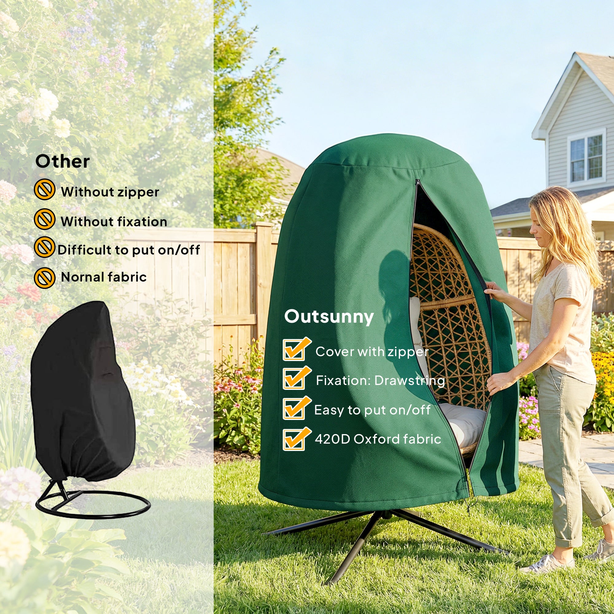 Outsunny 190 x Φ128cm Hanging Egg Chair Furniture Cover - Green 