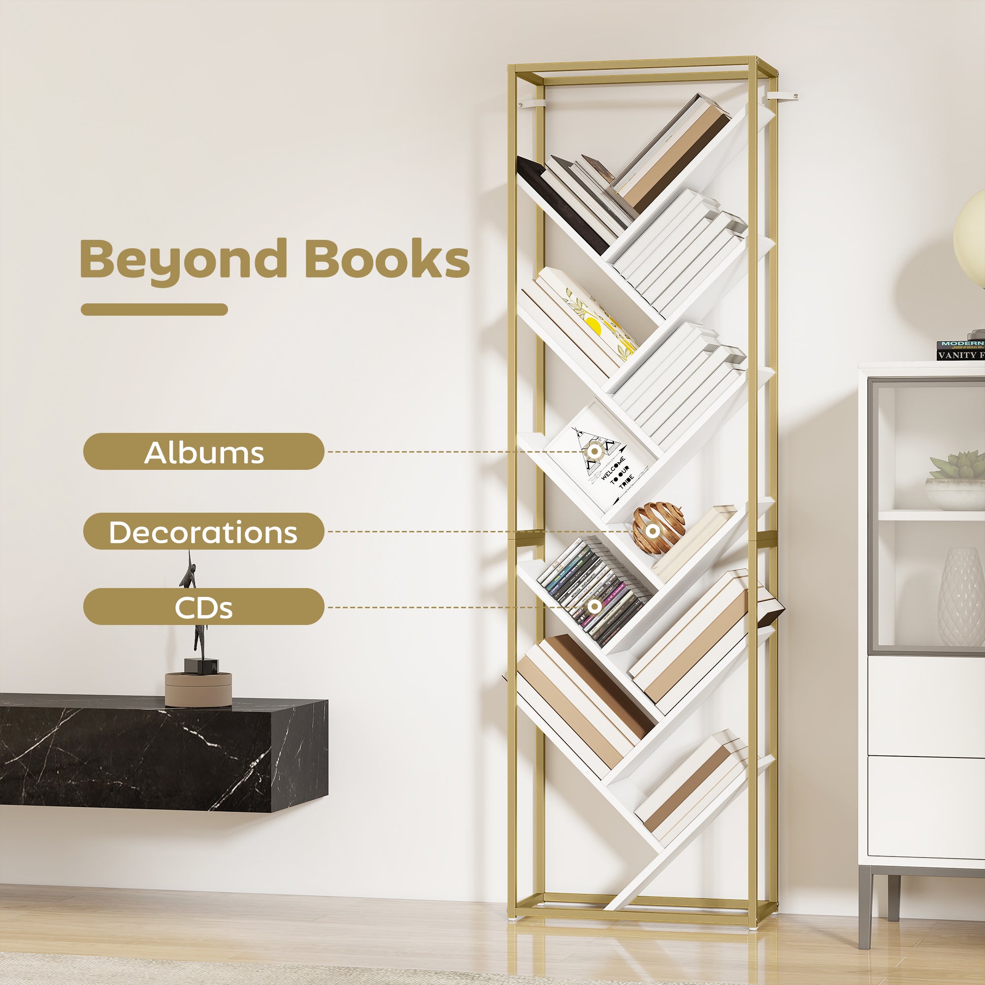 HOMCOM 10 Shelf Modern-Style Bookshelf - Gold Tone/White 