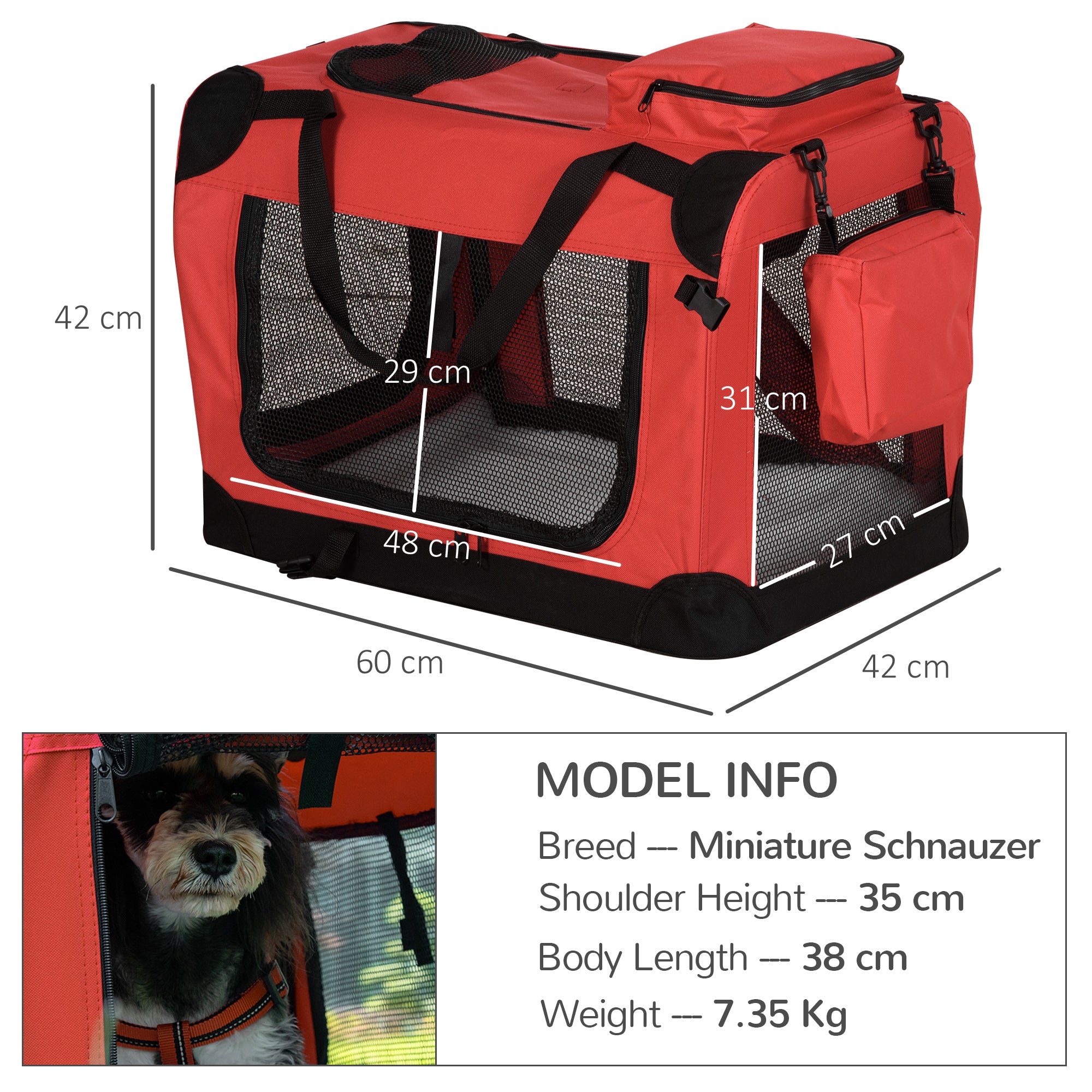 PawHut Foldable Pet Carrier for Small and Miniature Dogs, Portable Cat Carrier Soft Side Pet Travel Crate with Removable Mat, Storage Bags, Breathable Mesh Window 60 x 42 x 42cm - Red 