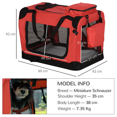 PawHut Foldable Pet Carrier for Small and Miniature Dogs, Portable Cat Carrier Soft Side Pet Travel Crate with Removable Mat, Storage Bags, Breathable Mesh Window 60 x 42 x 42cm - Red 