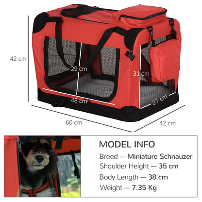 PawHut Foldable Pet Carrier for Small and Miniature Dogs, Portable Cat Carrier Soft Side Pet Travel Crate with Removable Mat, Storage Bags, Breathable Mesh Window 60 x 42 x 42cm - Red 