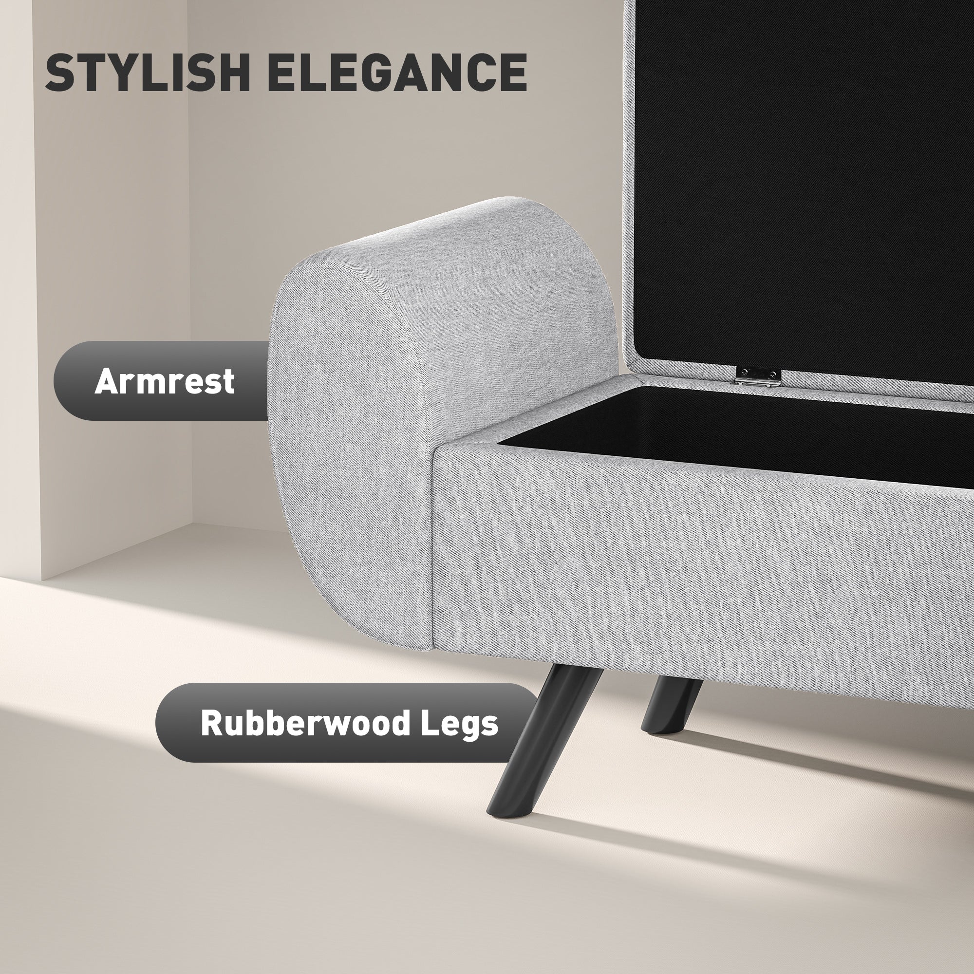 HOMCOM Storage Ottoman with Armrest, Upholstered Linen Storage Bench, Window Seat with Rubberwood Legs, Footstool for Bedroom Living Room, Hallway, Light Grey 