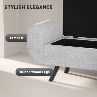 HOMCOM Storage Ottoman with Armrest, Upholstered Linen Storage Bench, Window Seat with Rubberwood Legs, Footstool for Bedroom Living Room, Hallway, Light Grey 