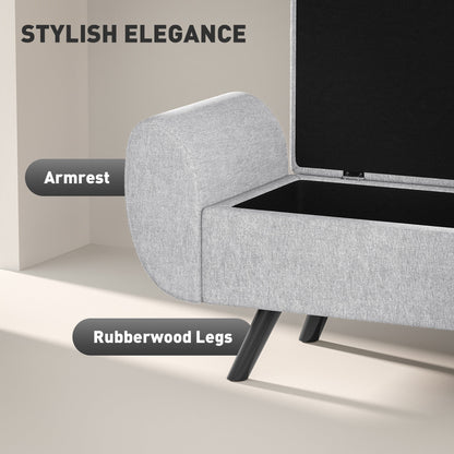 HOMCOM Storage Ottoman with Armrest, Upholstered Linen Storage Bench, Window Seat with Rubberwood Legs, Footstool for Bedroom Living Room, Hallway, Light Grey 