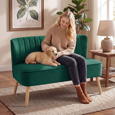 HOMCOM 117cm Loveseat Sofa Upholstered Small 2 Seater Sofa  with Thick Padded Seat and Rubber Wood Legs, Dark Green 