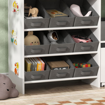 AIYAPLAY Kids Toy Storage Unit with 11 Bins, Cabinet, Top Shelves, 3 Stickers, for Nursery, Playroom, White 