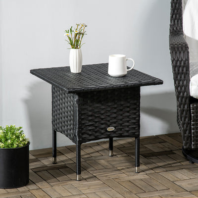 Outsunny Rattan Side Table, Outdoor Coffee Table with Plastic Board Under the Full Woven Table Top for Patio, Garden, Balcony, Black 