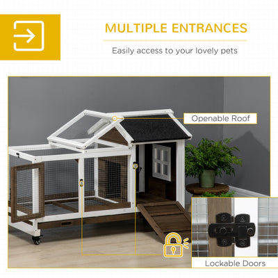PawHut Wooden Rabbit Hutch, Guinea Pig Cage, with Removable Tray, Wheels - Brown 