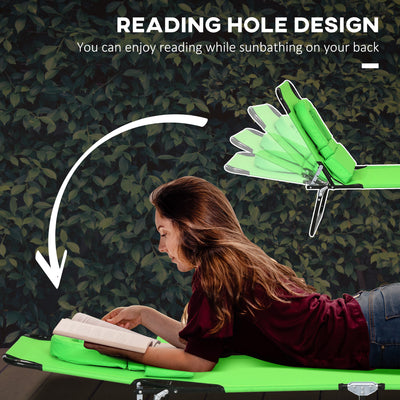 Outsunny Outdoor Foldable Sun Lounger Set of 2, 4 Level Adjustable Backrest Reclining Sun Lounger Chair with Pillow and Reading Hole, Green 
