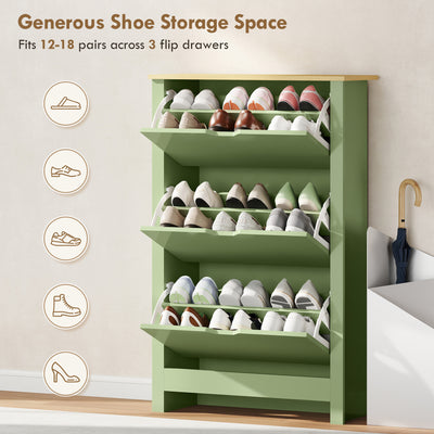 HOMCOM Slim Shoe Cabinet, Narrow Shoe Cupboard with 3 Flip Drawers, Adjustable Shelves for 18 Pairs of Shoes, High Gloss Green 
