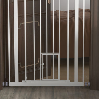 PawHut Extra Tall Pet Gate, Indoor Dog Safety Gate, with Cat Flap, Auto Close, 74-80cm Wide - White 