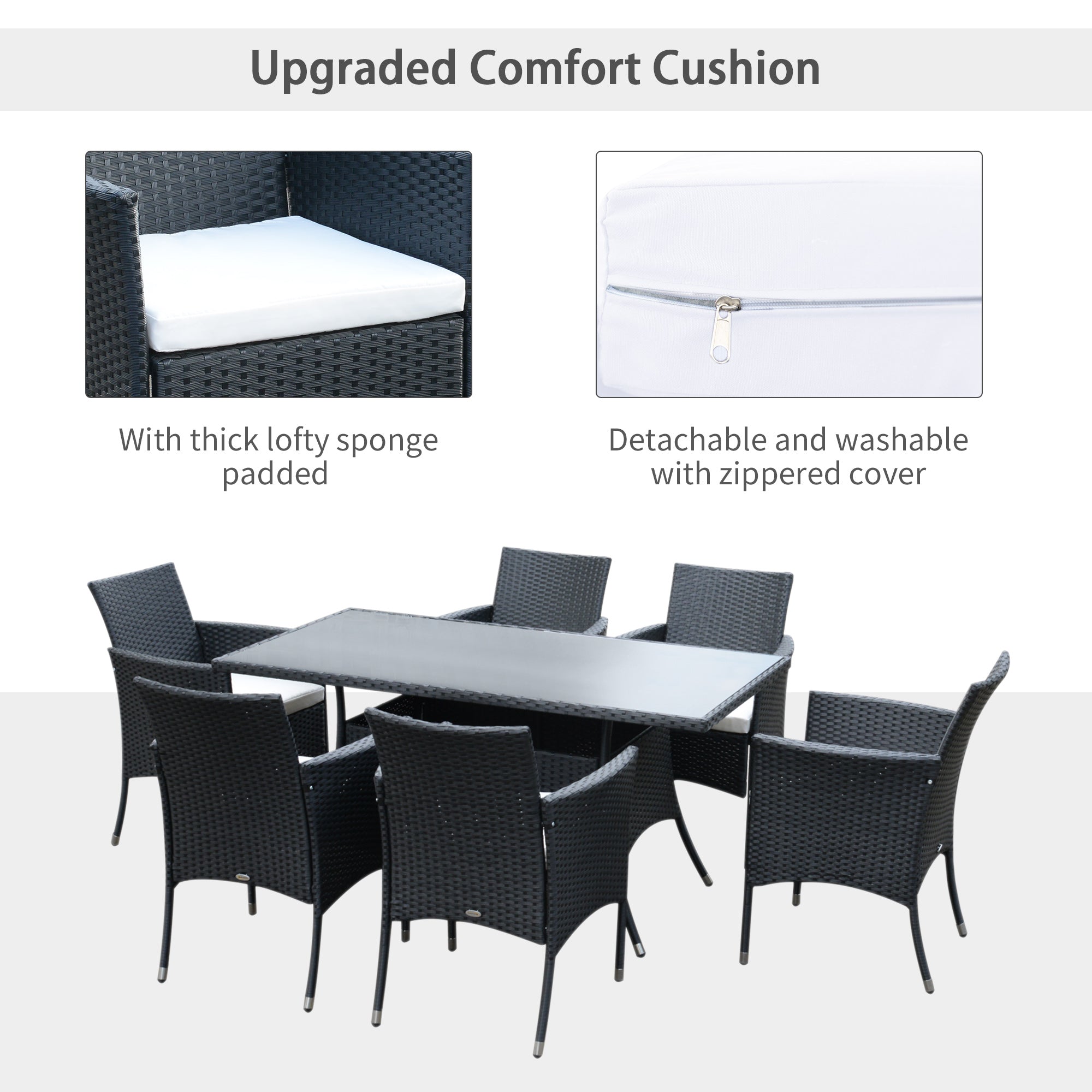 Outsunny 6 Seater Rattan Dining Set with Cushions, Rattan Garden Furniture Set with 6 Armchairs, Rectangular Glass Top Table, Outdoor Dining Table and Chairs, Black 