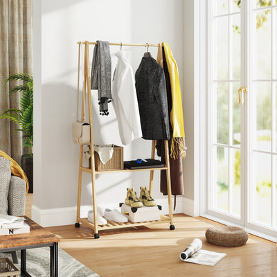 HOMCOM Bamboo Clothes Rack, with Shelves and Hooks - Natural Finish 