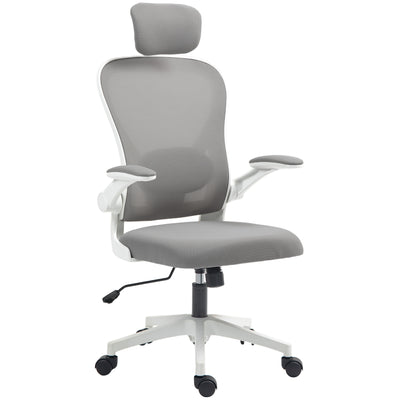 HOMCOM Executive Office Chair, Ergonomic Mesh High Back Desk Chair with Flip-up Armrest, Rotatable Headrest, Adjustable Lumbar Support, Swivel Computer Chair for Home Study, Grey 