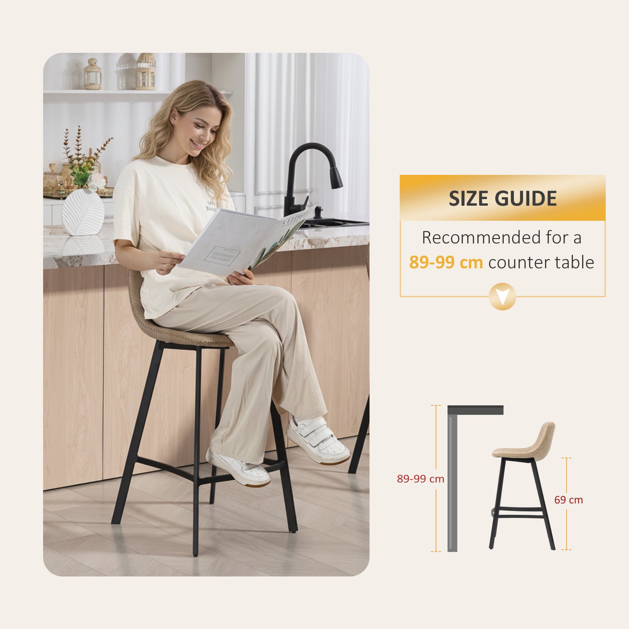 HOMCOM Bar Stools Set of 2, PU Leather Dining Stools with Backrest, Footrest, for Kitchen, Counter, Breakfast Bar, Light Brown 