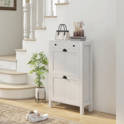 HOMCOM Narrow Shoe Cabinet with 2 Flip Drawers and Adjustable Shelves, White 