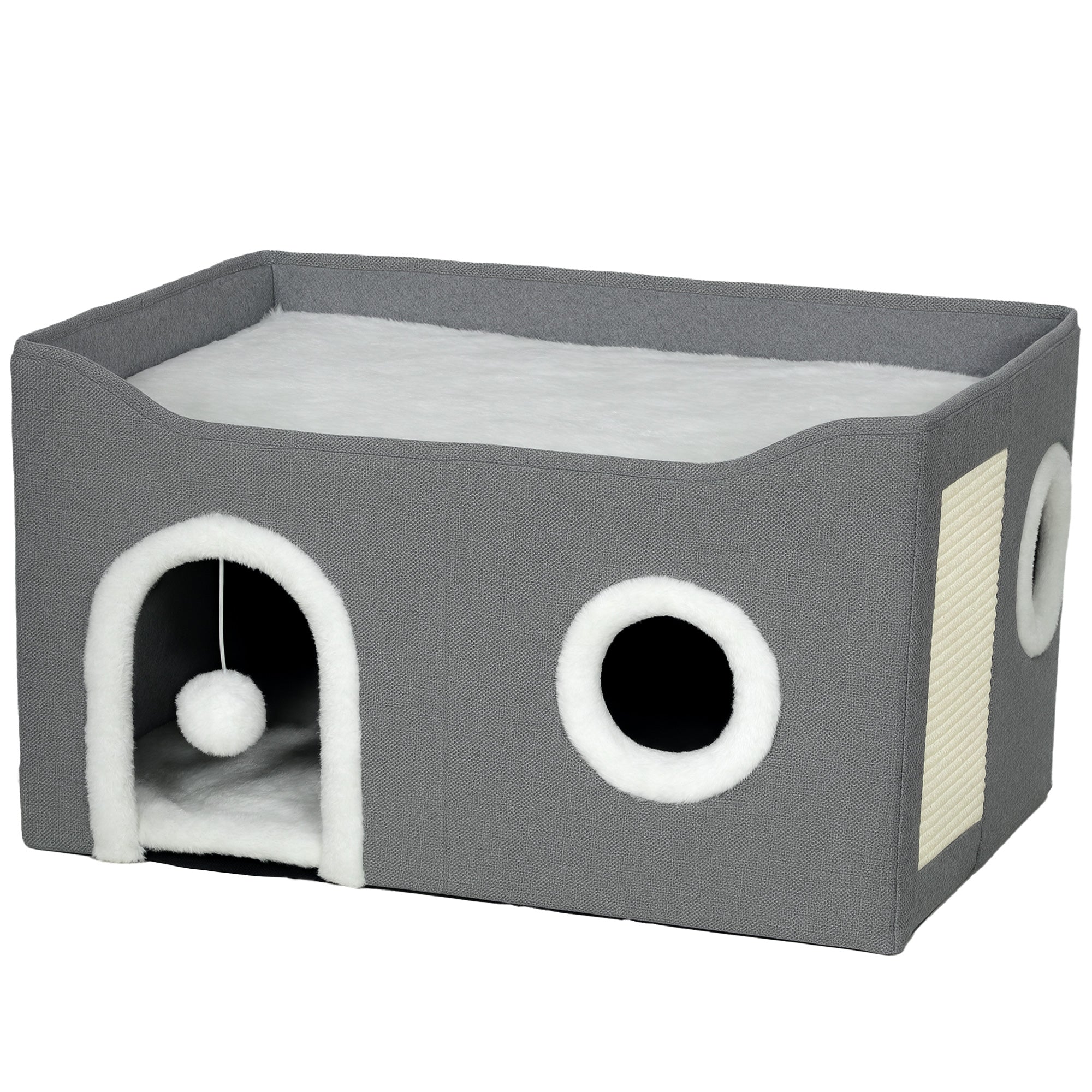 PawHut Cat Bed for Indoor Pets, Foldable Cat House with Fluffy Ball and Scratch Pad for Small and Medium Pets, Grey 